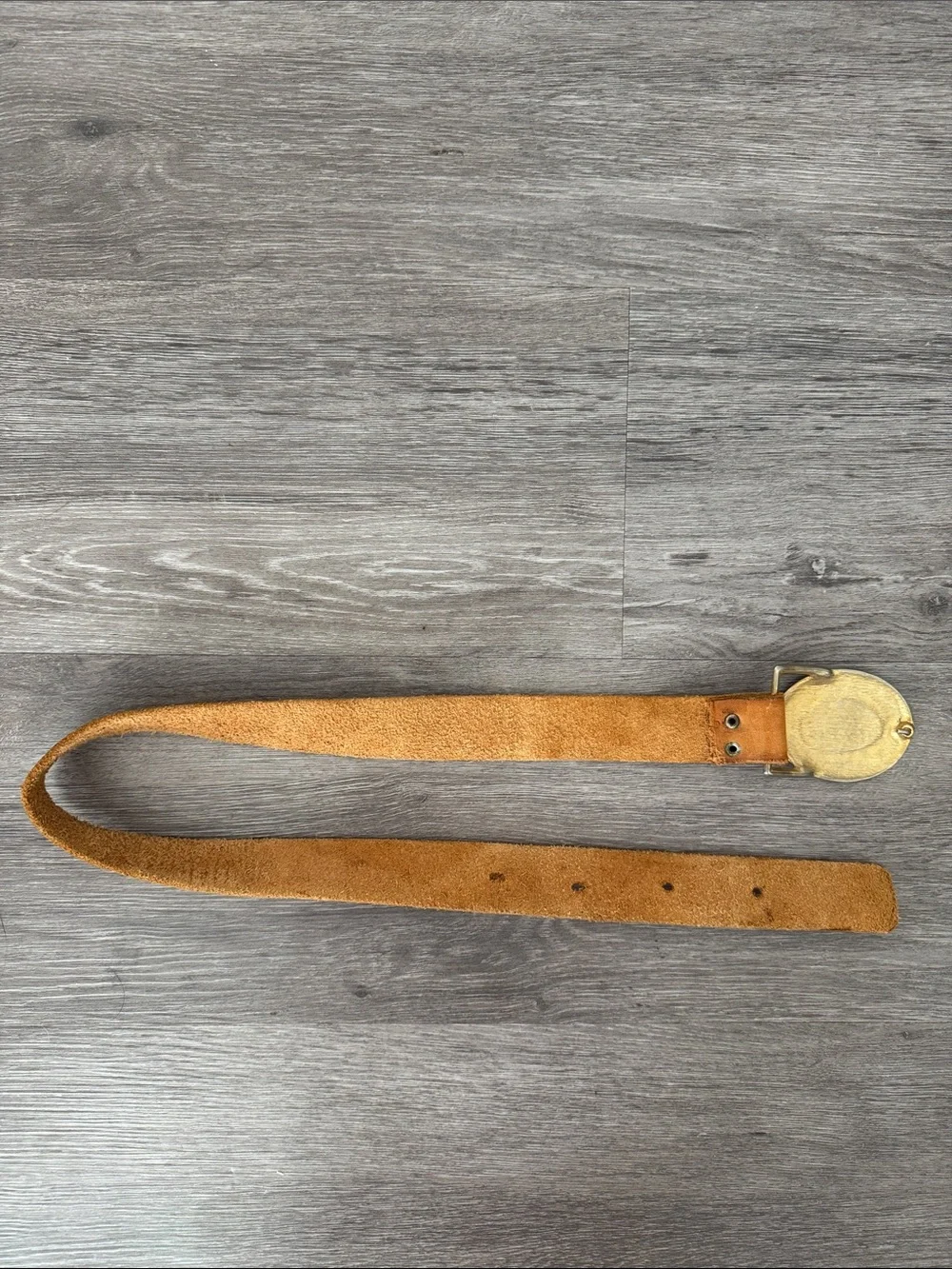 Vintage Handmade Tan Leather Belt with Gold & Red Sunburst Buckle